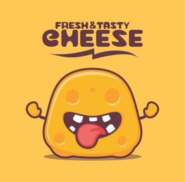Peynir çizgi filmi. Yemek vektör çizimi. Komik bir ifadeyle.