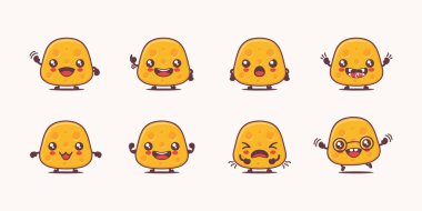 Peynir çizgi filmi. Yemek vektör çizimi. Yüzleri ve ifadeleri farklı. Sevimli çizgi film