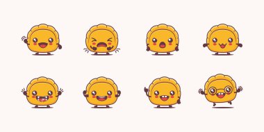 Empanada çizgi filmi. Yemek vektör çizimi. Yüzleri ve ifadeleri farklı. Sevimli çizgi film