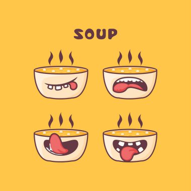 Çorba çizgi filmi. Yemek vektör çizimi. Farklı ağız ifadeleriyle. Sevimli çizgi film