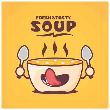 Çorba çizgi filmi. Yemek vektör çizimi. Komik bir ifadeyle.