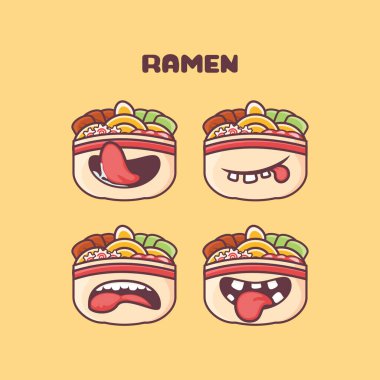 Ramen çizgi filmi. Japon yemek vektör illüstrasyonu. Farklı ağız ifadeleriyle. Sevimli çizgi film