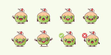 Hindistan cevizi çizgi filmi. Taze meyve vektörü çizimi. Yüzleri ve ifadeleri farklı. Sevimli çizgi film