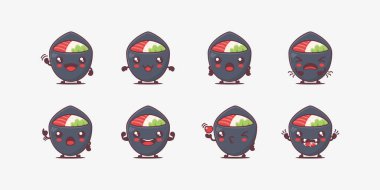 Temaki suşi çizgi filmi. Japon yemek vektör illüstrasyonu. Yüzleri ve ifadeleri farklı. Sevimli çizgi film