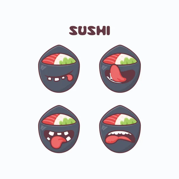 Temaki Sushi Cartoon Japanese Food Vector Illustration Different Mouth Expressions — Stock Vector