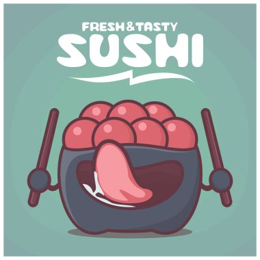 Gunkan suşi somon yumurtası çizgi filmi. Japon yemek vektör illüstrasyonu. Komik bir ifadeyle.