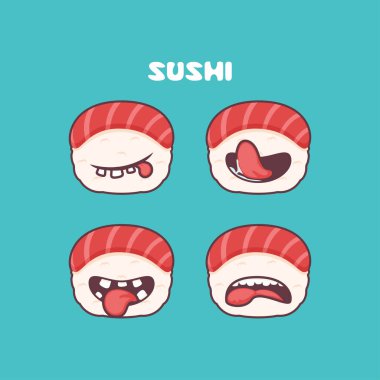 Nigiri suşi çizgi filmi. Japon yemek vektör illüstrasyonu. Farklı ağız ifadeleriyle. Sevimli çizgi film