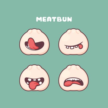 Köfteli baozi çizgi filmi. Çin yemeği vektör illüstrasyonu. Farklı ağız ifadeleriyle. Sevimli çizgi film
