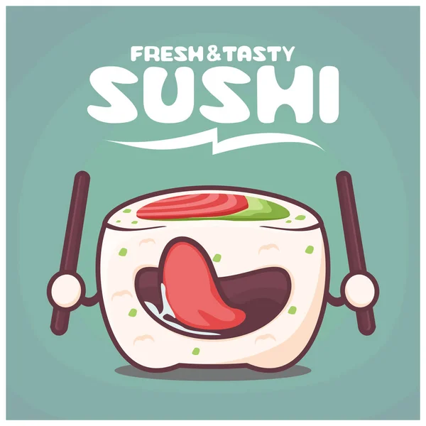 Urumaki Sushi Cartoon Japanese Food Vector Illustration Funny Expression — Vector de stock