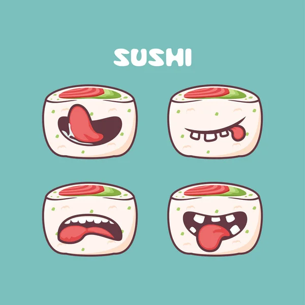 Urumaki Sushi Cartoon Japanese Food Vector Illustration Different Mouth Expressions — 스톡 벡터