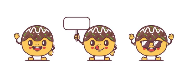 Takoyaki Cartoon Mascot Different Poses Expressions Japanese Food Vector Illustration — Wektor stockowy