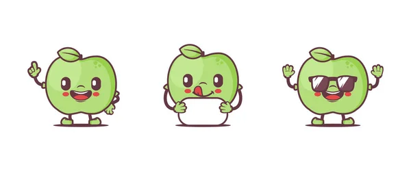Green Apple Cartoon Mascot Fresh Fruit Vector Illustration Different Poses — Stockvektor