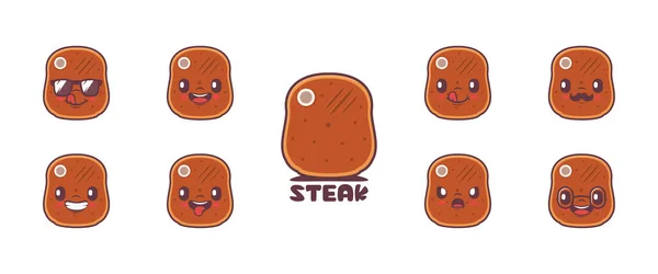 Steak Cartoon Grilled Meat Vector Illustration Icon Emoticons Cartoons Isolated — Stock vektor