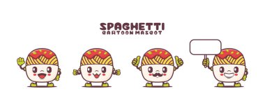 Farklı ifadeli spagetti çizgi film maskotu. İtalyan makarna çizimi.