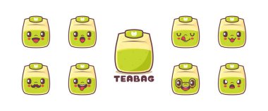 Yeşil çay poşeti çizgi filmi. Doğal içecek vektör illüstrasyonu. simge, ifade.