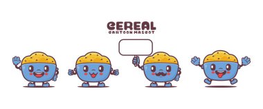 Mısır gevreği maskotu ve farklı ifadeler. yiyecek vektörü çizimi.