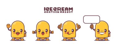 Farklı ifadeleri olan dondurma çizgi film maskotu. yiyecek vektörü çizimi.