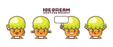 Farklı ifadeleri olan dondurma çizgi film maskotu. yiyecek vektörü çizimi.
