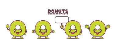 Yeşil çörekler farklı ifadeli çizgi film maskotu. yiyecek vektörü çizimi.