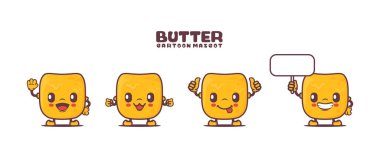 Farklı ifadeli tereyağlı çizgi film maskotu. yiyecek vektörü çizimi.