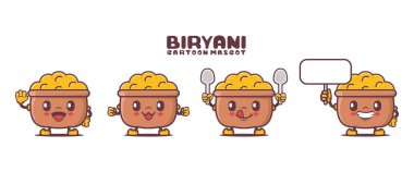 Biryani pirinç çizgi film maskotu ve farklı ifadeler. Hint besin vektörü çizimi.