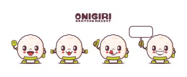 Onigiri çizgi film maskotu ve farklı ifadeler. Japon yemek vektörü illüstrasyonu.