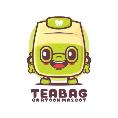 Yeşil çay poşeti çizgi film maskotu. Doğal içecek vektör illüstrasyonu. beyaz arkaplanda izole edilmiş
