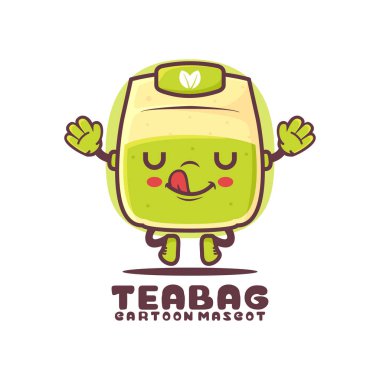 Yeşil çay poşeti çizgi film maskotu. Doğal içecek vektör illüstrasyonu. beyaz arkaplanda izole edilmiş