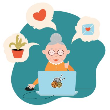 Bilgisayarlı mutlu büyükanne modern teknoloji kullanıyor.