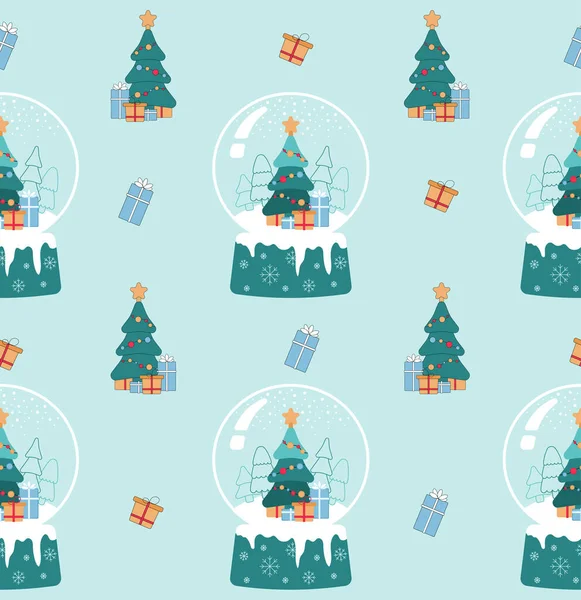 New Year Pattern Christmas Tree Snawballs Presents — Stock Vector