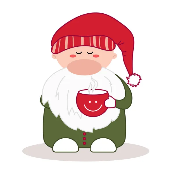 Schläfriger Weihnachtsmann Kleiner Gnom Mit Rotem Hut Und Tasse — Stockvektor