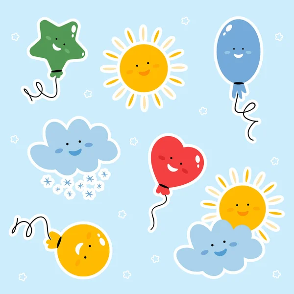 Funny Sky Stickers Balloons Sun Cloud — Stock Vector