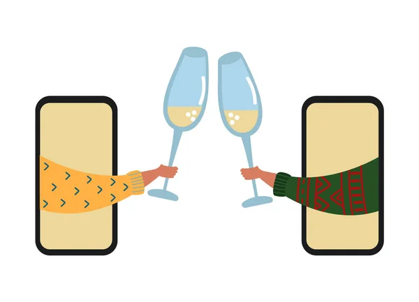 Концепція Онлайн Святкування Дві Підняті Руки Тримають Келихи Шампанського Ізольовані — стоковий вектор