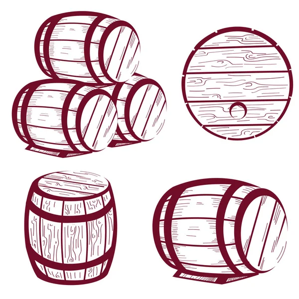 Ensemble de tonneau de vin dessiné à la main sous différents angles — Image vectorielle