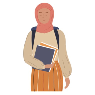 Sırt çantası ve kitaplarla tesettürlü genç bir kadın.