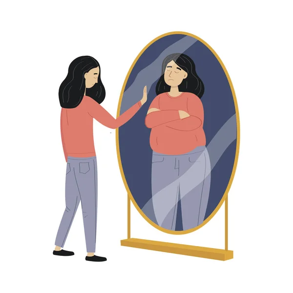 Woman with eating disorder standin by the mirror — Vector de stock