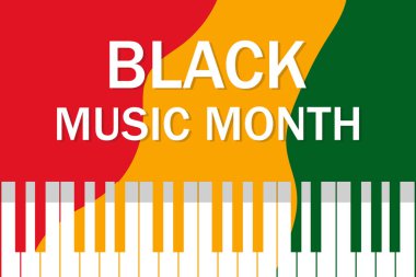 Kara Müzik Ayı her yıl Haziran 'da kutlanır. Kutlama afişi, poster, broşür, davetiye, tebrik kartı şablonu. Afro-Amerikan müzik takdiri. Soyut piyano illüstrasyonu. Afrika bayrağı.