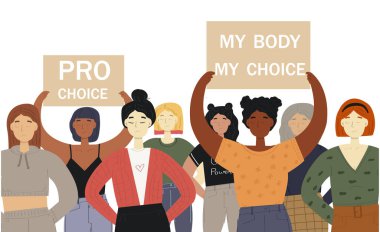 Kürtaj olma haklarını ifade eden bir grup kadın. Kürtaj yanlısı konsept. Roe V Wade 'i koruyun. Anayasal insan hakları. Feminizm. Benim vücudum, benim seçimim..