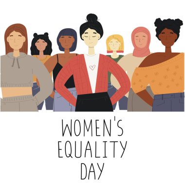 Womens Equality Day. Group of women and text. Celebrated annually in the USA on August 26. Banner, poster, brochure, greeting card template.