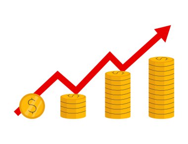 A stack of golden coins and risen red arrow. Inflation concept. Price rise vector illustration. Isolated on white.