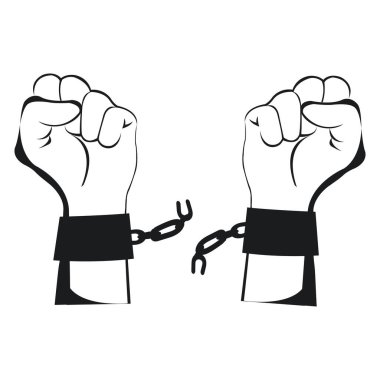 An illustration of hands breaking steel handcuffs. Black silhouette. Isolated on white. Abolition of slavery concept.