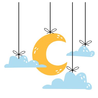 Cute yellow moon and blue clouds. Baby toys hanging on strings. Mobile for cribs. Nursery banner, poster, print, greeting card template.