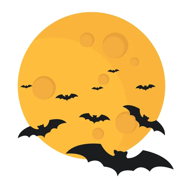 Yellow Full Moon Flying Bats Halloween Concept Vector Illustration Flat — Stockvektor