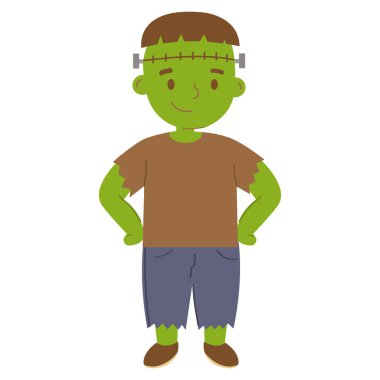 A child dressed as a Frankensteins monster. Cute Halloween character. Masquerade party. Isolated on white.