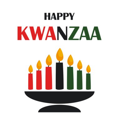 Mutlu Kwanzaa bayrağı. Kinara yedi mum ve mesajla. Afrika kültürünün takdir edilmesi. 26 Aralık 'tan 1 Ocak' a kadar her yıl kutlanıyor. Pankart, poster, broşür, tebrik kartı şablonu.