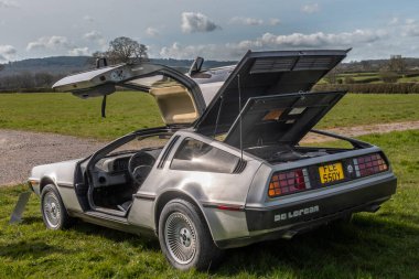 1983 model Delorean DMC12 'nin arka 3 / 4 görüntüsü çimlerin üzerine park edilmiş martı kanat kapıları ve arka motor kapağı klasik araba kulüpleri buluşmasında sergilenmek üzere açık..