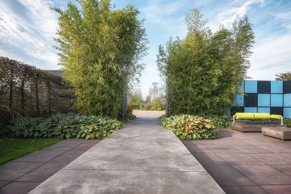 Raised garden path in a modern garden.