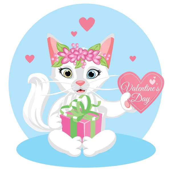 Aranyos Fehér Macska Szívvel Boldog Valentin Napi Vektor Illusztráció — Stock Vector