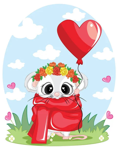 Cute Mouse Heart Shape Balloon Paw Valentines Day Card Cute — Stock Vector