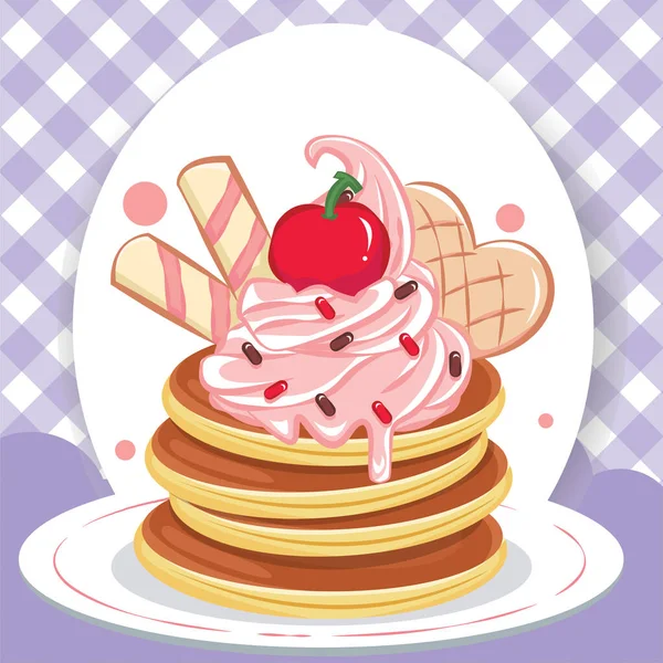 Pancakes Stack Cherry Cream Plate Freehand Drawn — Stock Vector